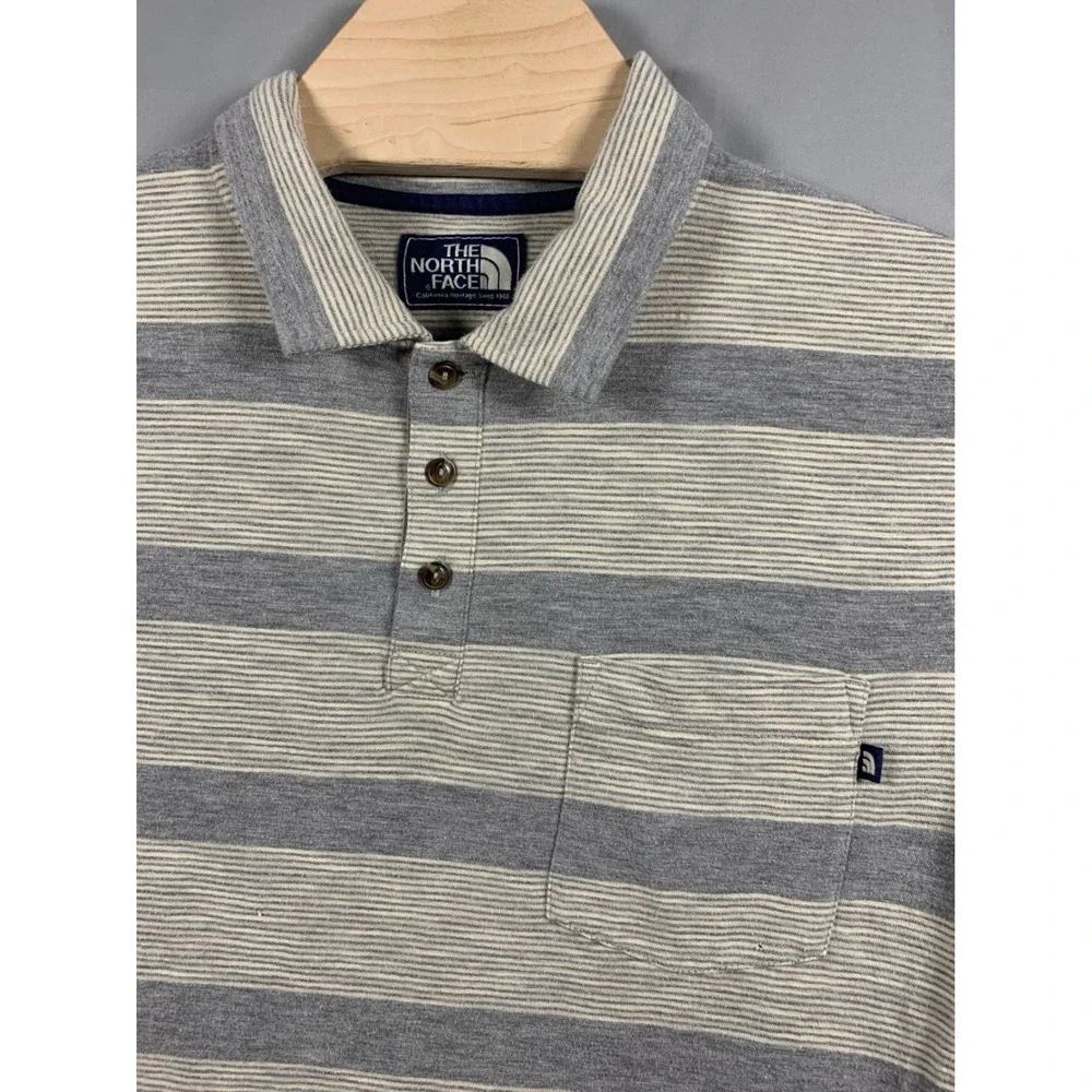 The North Face Mens Grey Striped Short Sleeve Pocket Polo Shirt Large Heritage